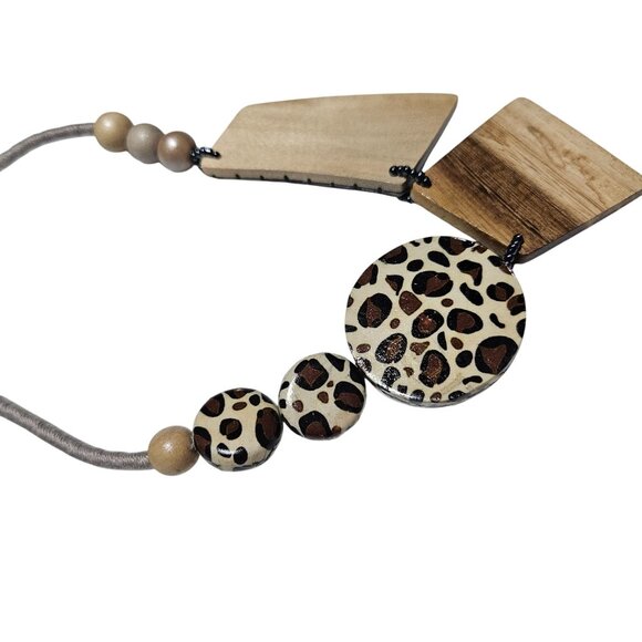 Handcrafted Abstract Pendant Necklace Leopard Print Mother of Pearl Accents - Picture 7 of 9